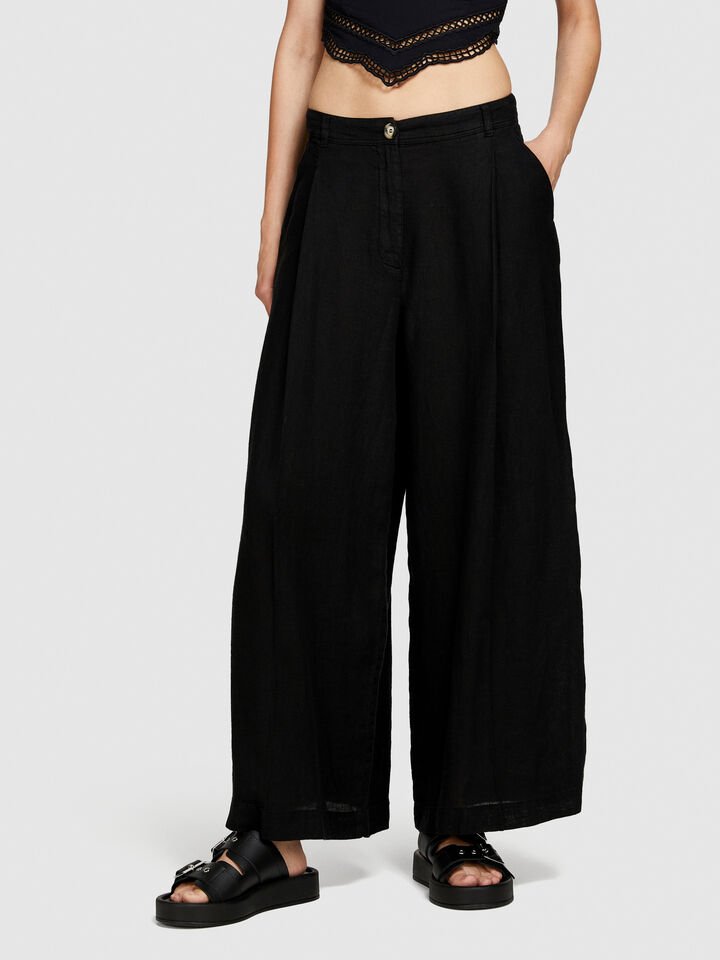 Wide leg 100% linen trousers - women's palazzo trousers - Black | Sisley image number 4